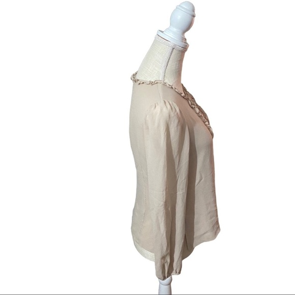 Pendleton Khaki Semi-Sheer 100% Silk Ruffled Neck Button Front LS Blouse Women 8 - Picture 5 of 10